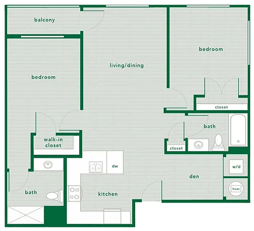 Floor plan 2 Bed 2 Bath with Den - 1,064 Sq. Ft