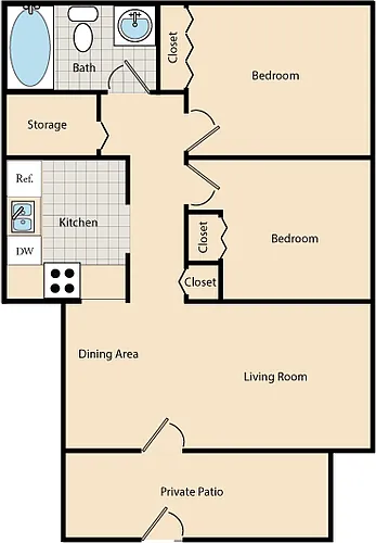 Floor plan 2 Bed / 1 Bath B1