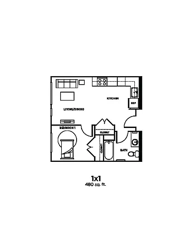 Floor plan 1BD, 1BTH 50%