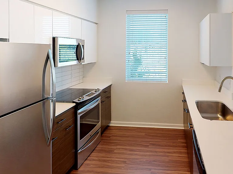 Apartment kitchen with stainless steel appliances, quartz countertops and wood-style flooring.
