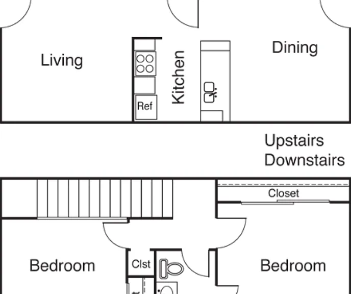 2 Bed 1.5 Bath Floorplan Diagram