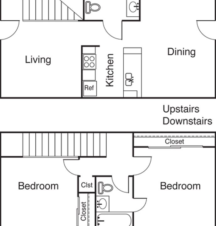 2 Bed 1.5 Bath Floorplan Diagram