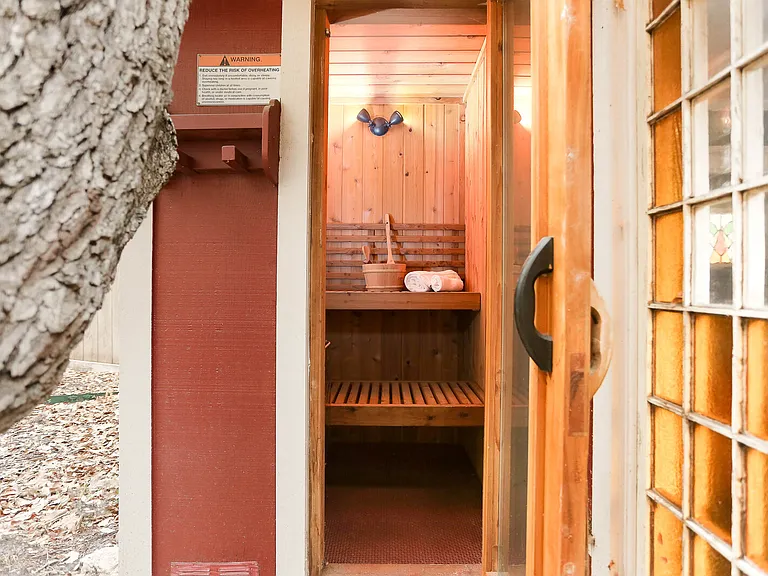 An outdoor sauna. (Nobody under 18 is allowed to enter sauna without adult supervision).