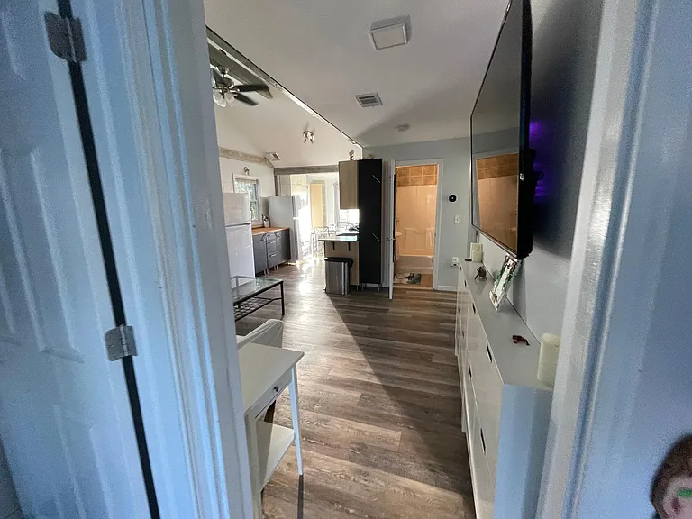 Open concept living, kitchen, dining with 13' vaulted ceiling in living room!