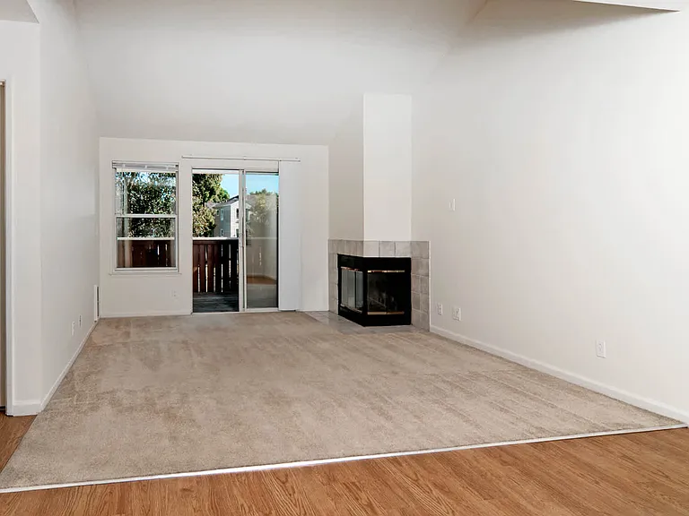 Carpeted Living Room with Fireplace and Balcony