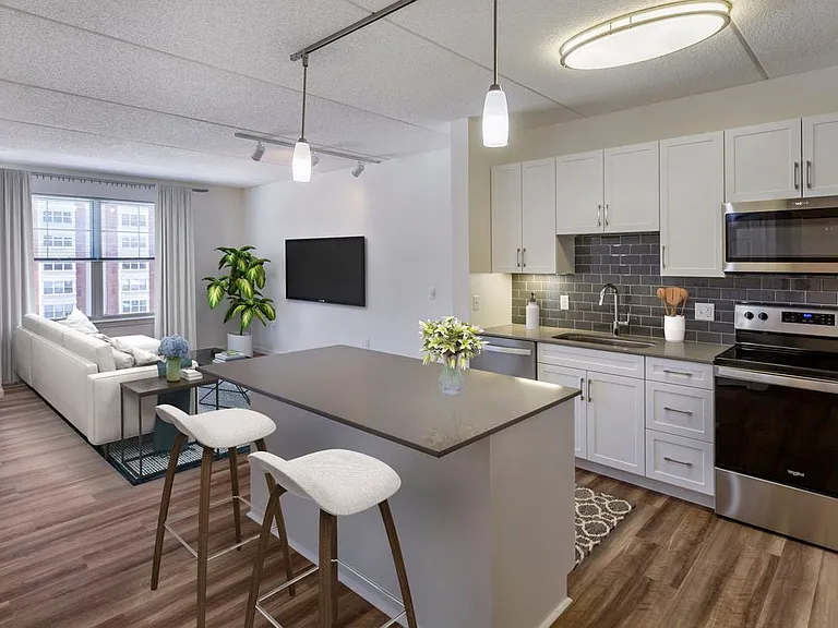 Renovated Package II kitchen with grey quartz countertops, white shaker cabinetry, stainless steel appliances, grey tile backsplash, and hard surface flooring throughout