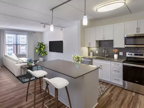 Renovated Package II kitchen with grey quartz countertops, white shaker cabinetry, stainless steel appliances, grey tile backsplash, and hard surface flooring throughout - Avalon Natick
