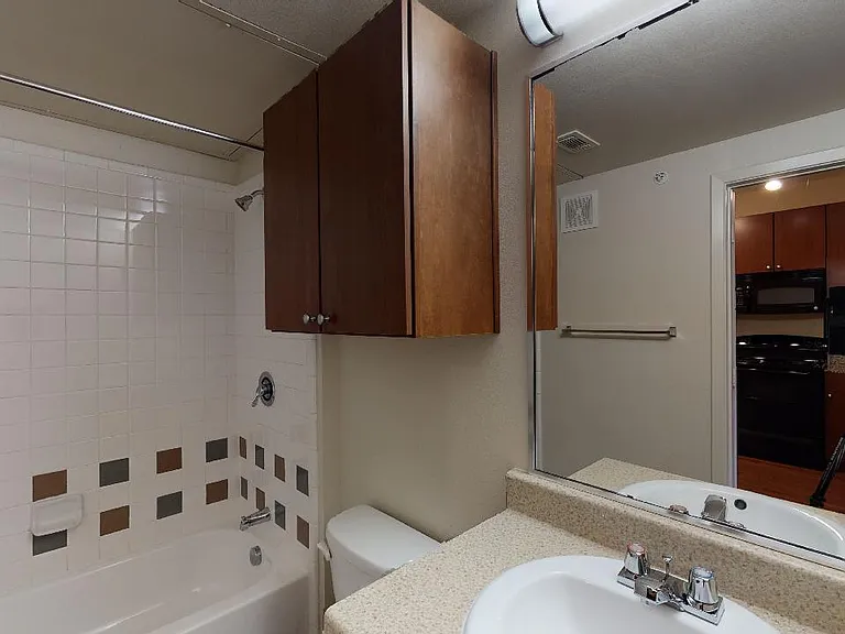 Apartment bathroom with wood-style flooring.
