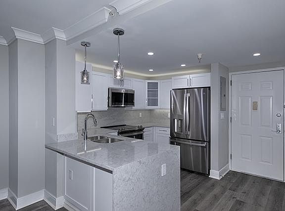 Gourmet Kitchen: Waterfall Quartz Countertops, Stainless Appliances, French Door and Low Freezer Fridge, Micro, Dishwasher, Shaker Wood Cabinets, Nickel Hardware, Pendant and Hi-Hat Lighting, Crown, Vinyl Plank Floors
