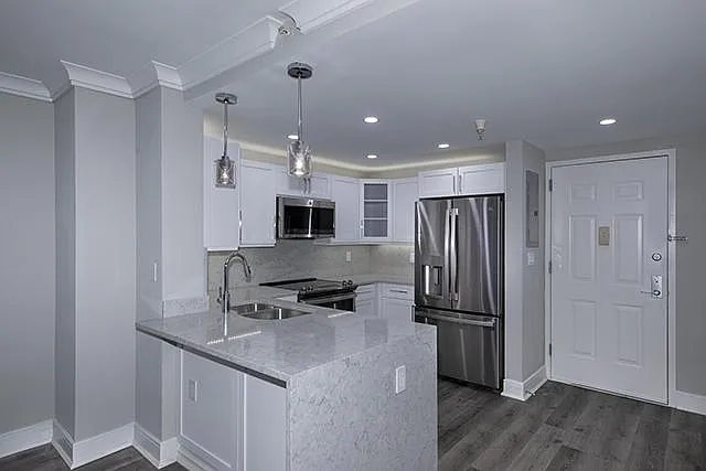 Gourmet Kitchen: Waterfall Quartz Countertops, Stainless Appliances, French Door and Low Freezer Fridge, Micro, Dishwasher, Shaker Wood Cabinets, Nickel Hardware, Pendant and Hi-Hat Lighting, Crown, Vinyl Plank Floors
