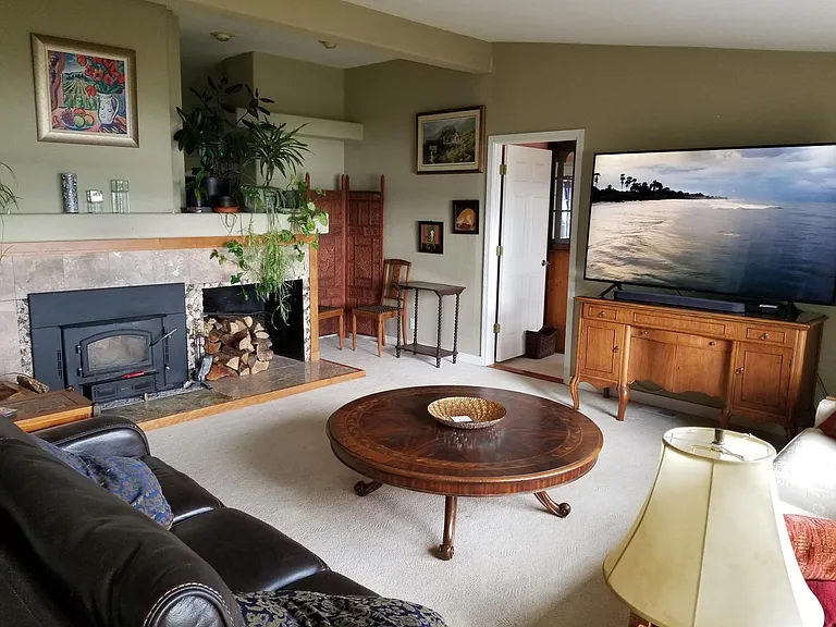 Bay side living room with fireplace, flat screen, and couch/recliner