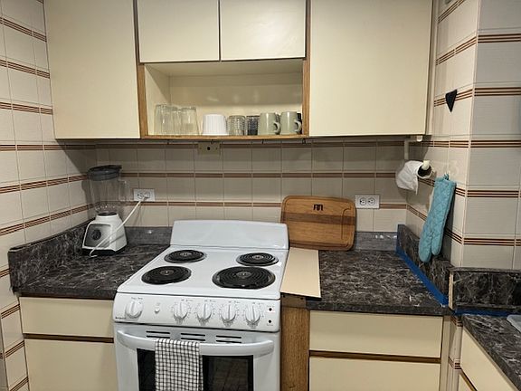 Kitchen new electric stove 
Lots of counter space
Microwave
Blender
Coffee Maker
Tea Maker
Pots 
Utensils
Dishes
Cutting boards etc.