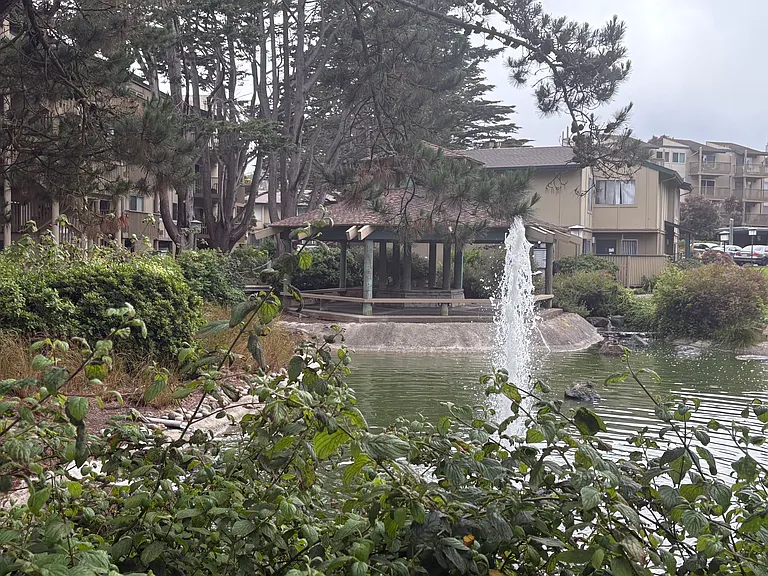 A large gazebo facing the pond with a high bubbling fountain offers a tranquil environment to relax