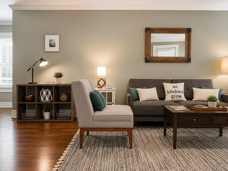 Open living and dining space. The character of the fireplace is the main focal point of the living room.