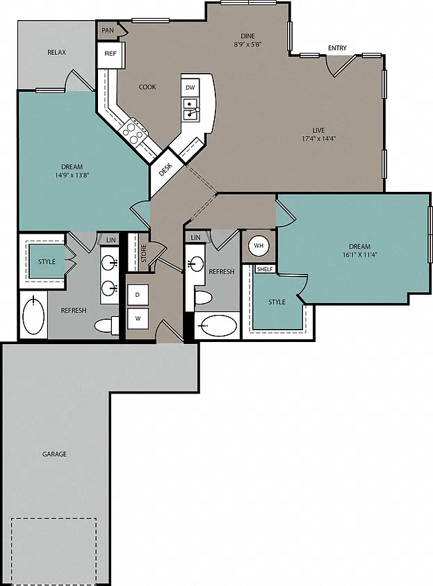 Floor plan THB2L 2B Lower Townhome 1C Garage