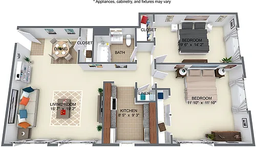 Floor plan 2 Bedroom 1 Bathroom - 755 sqft