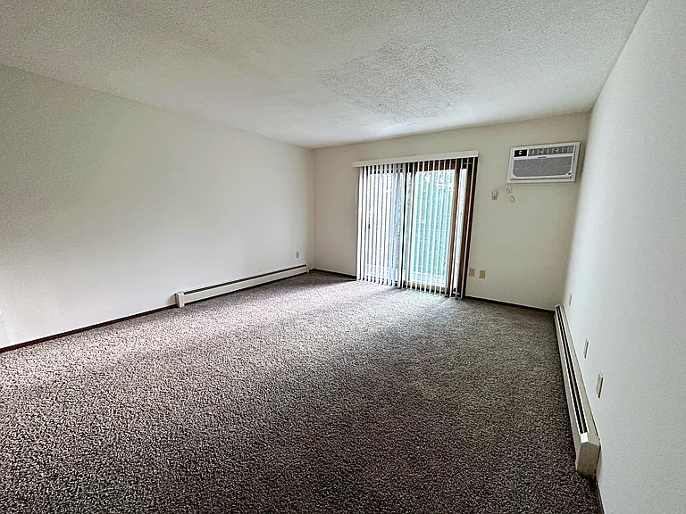 Living room with patio door, wall AC