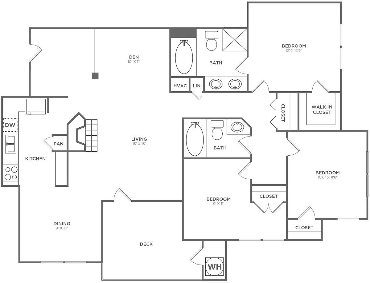 Floor plan Three Bedroom Two Bath (1315 SF)
