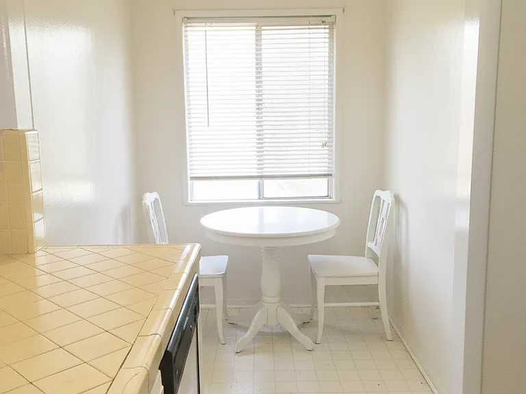 Kitchen counter with dishwasher, and breakfast nook with window facing east.