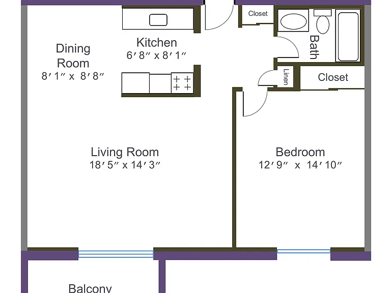 Typical 1 bedroom floor plan for 15 Mandalay, dimensions may vary.