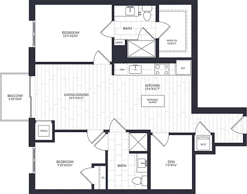 Floor plan 2 Bed/2 Bath Den-B2-0C-ANSI