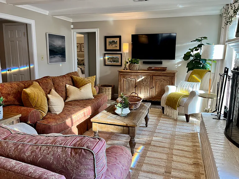 Den includes comfy sofa and chair, 55" Smart TV, Woodburning Fireplace, lots of natural light, and doors to patio.