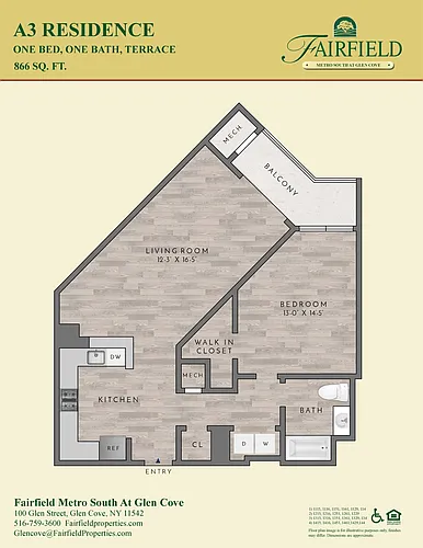 Floor plan A3 South FR 1 Bedroom | 1 Bath/Balcony