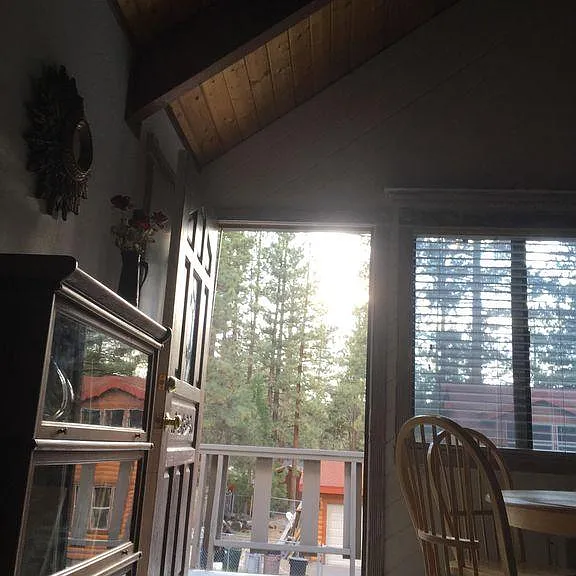 View from recliner out into one of the quietest, deeply forested neighborhoods in the Big Bear Valley. Read a book and listen to neighborhood birds. Tranquility...