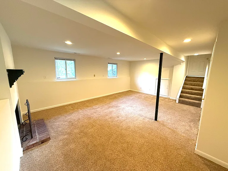 Large den with fireplace and brand new, luxurious carpet.