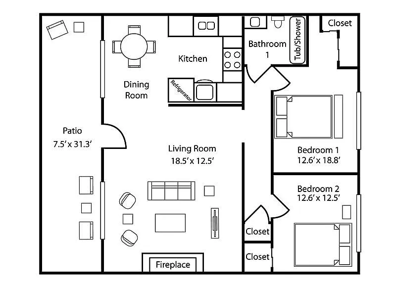 Floor plan 2BD, 1BTH