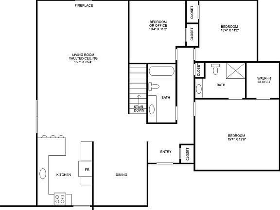 Floor plan (enlarged) of the main floor. Large open plan living and kitchen and dining area with access to backyard patio and a fireplace. Attached 2 car garage is off the kitchen.