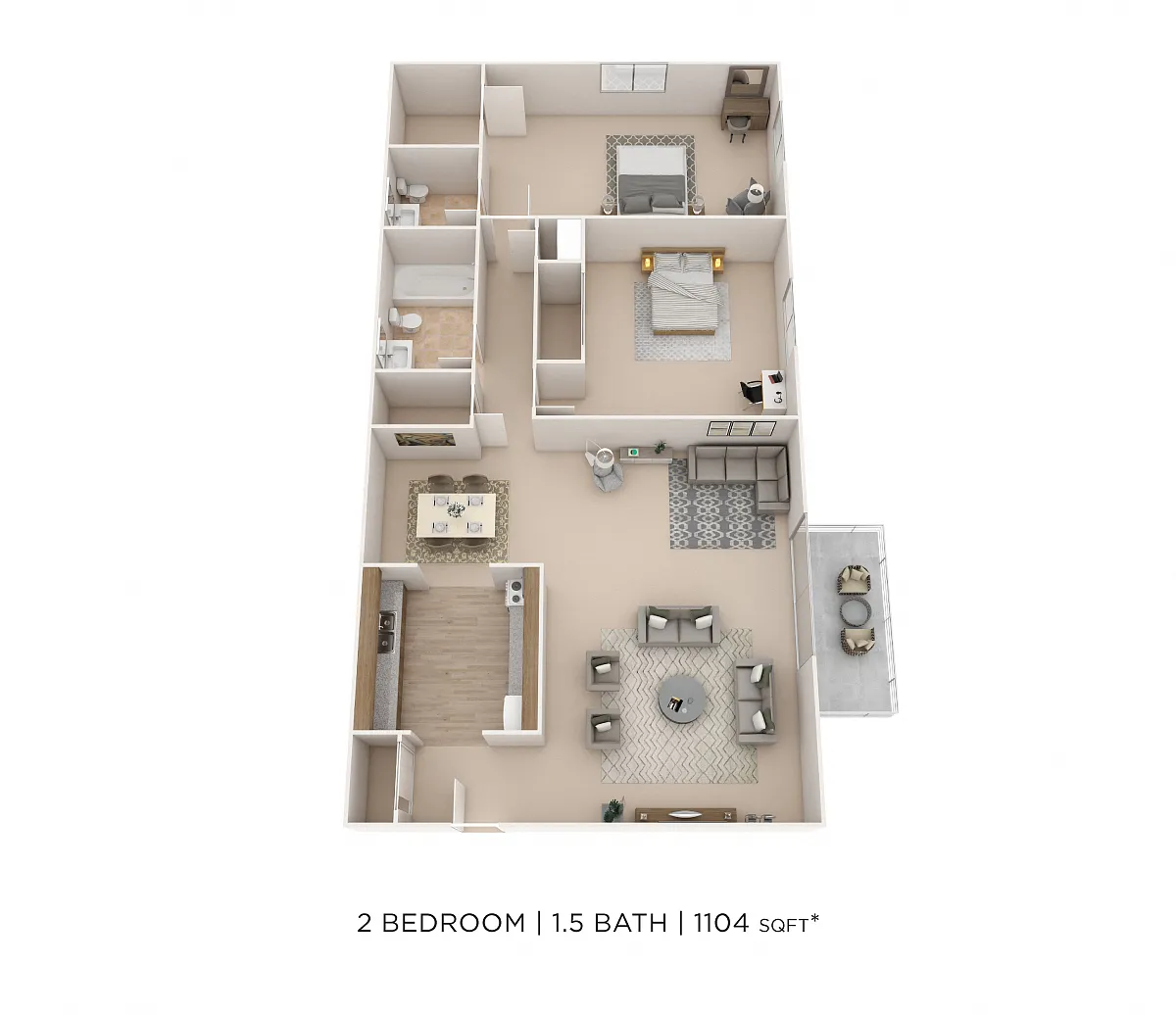 Floor plan Two Bedroom 1.5 Bath- 1,104 sqft
