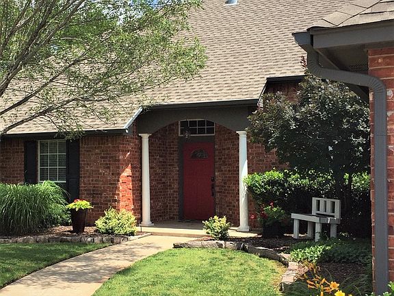 Red front door, landscaping