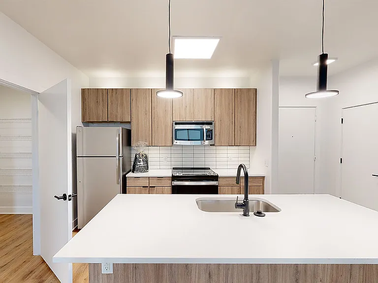 Apartment kitchen with stainless steel appliances, quartz countertops and wood-style flooring.