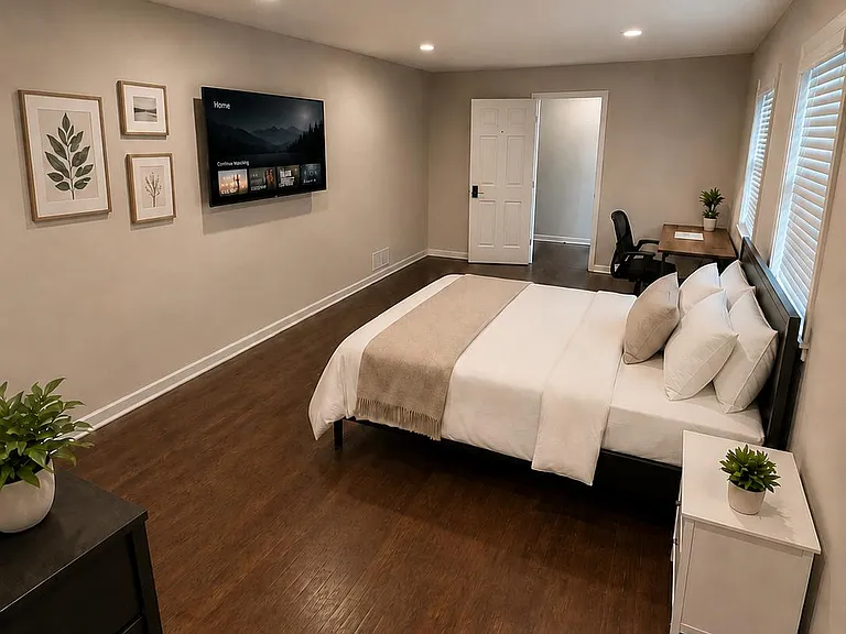 Spacious bedroom with hardwood floors, a wall-mounted TV, and a dedicated desk area near shuttered windows.