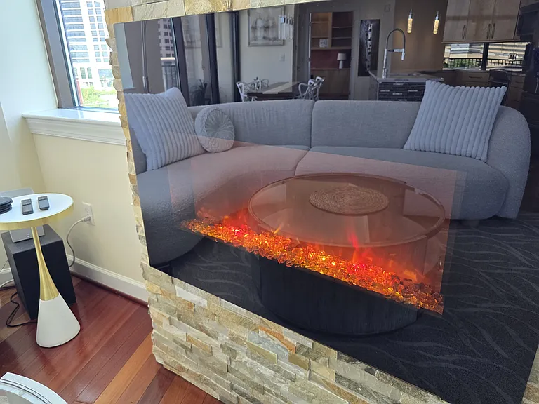 Fireplace with heat or no heat and adjustable lighting.