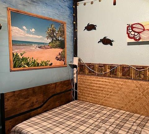 New wood carved Bed frame and New Full Size Memory Foam comfy Mattress. (USB Charger near bed)