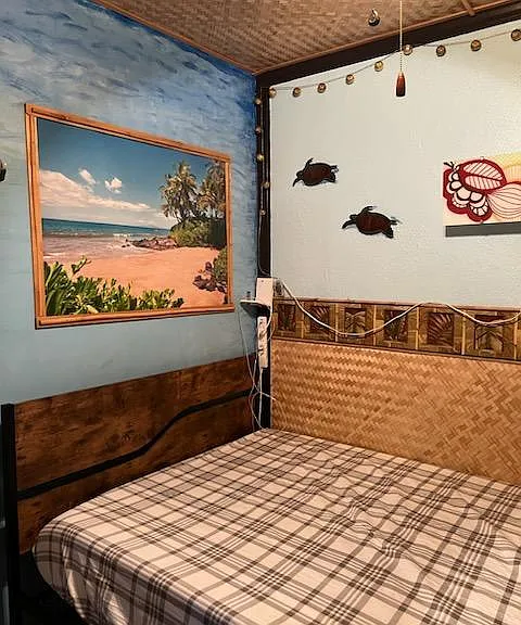 New wood carved Bed frame and New Full Size Memory Foam comfy Mattress. (USB Charger near bed)