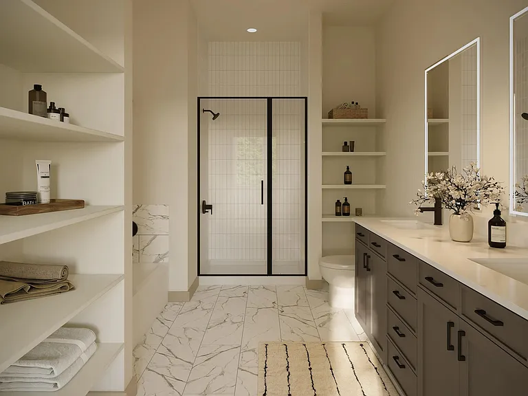 Primary bathroom featuring a glass-enclosed shower, quartz vanity, open shelving, and clean tilework designed for a polished daily routine.