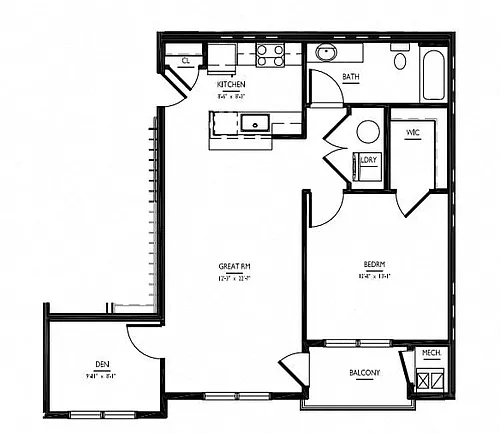 Floor plan 1 Bed 1 Bath Den Phase IV