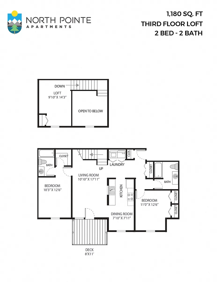Floor plan 2 Bed, 2 Bath - 1,180 sq ft