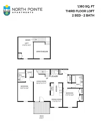 Floor plan 2 Bed, 2 Bath - 1,180 sq ft