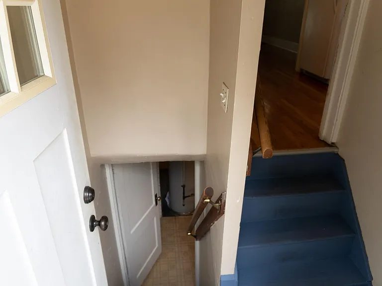 View entering back door basement entrance is down the stairs to the left, and the kitchen is up the steps to the right.