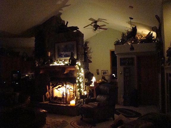 Trophy elk mounted on back wall as you come up the stairs. Granite bar located behind the fireplace.