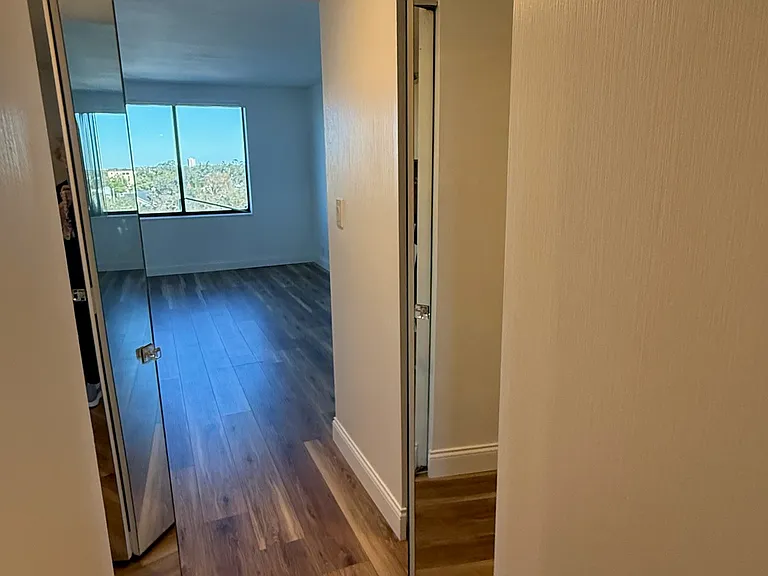 Hallway into bedroom with closets on each side