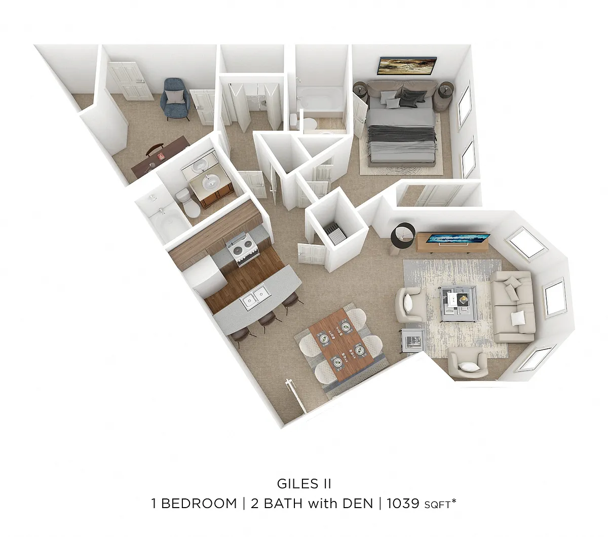 Floor plan One Bedroom 2 Bath w/ Den - Giles II - 1,101 sqft