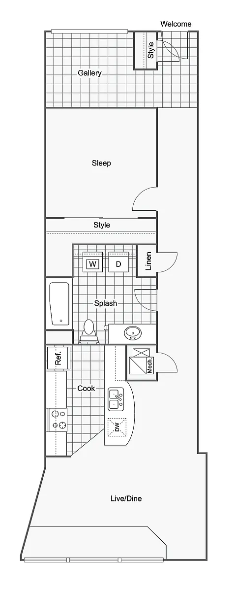 Floor plan 1BR x 1BA with Foyer C