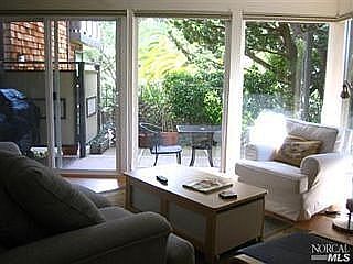 Bright living room with Mt Tam view