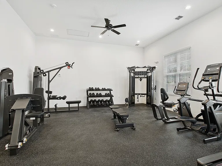 Modern home gym featuring top-of-the-line fitness equipment, including elliptical machines, a weight bench, and a full set of dumbbells, in a bright and welcoming space.