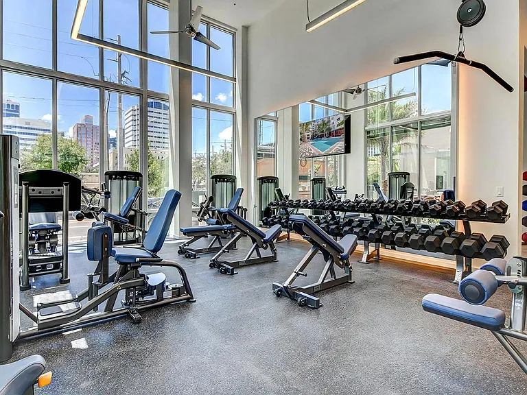 Fitness Center With Weight Benches, Dumbbells, and Large Windows Showing City View